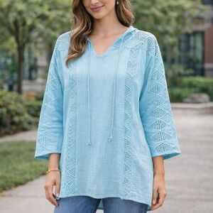 Boho Aqua Cotton Tunic Top XL Crochet Lace Sleeve Beachy Peasant Blouse